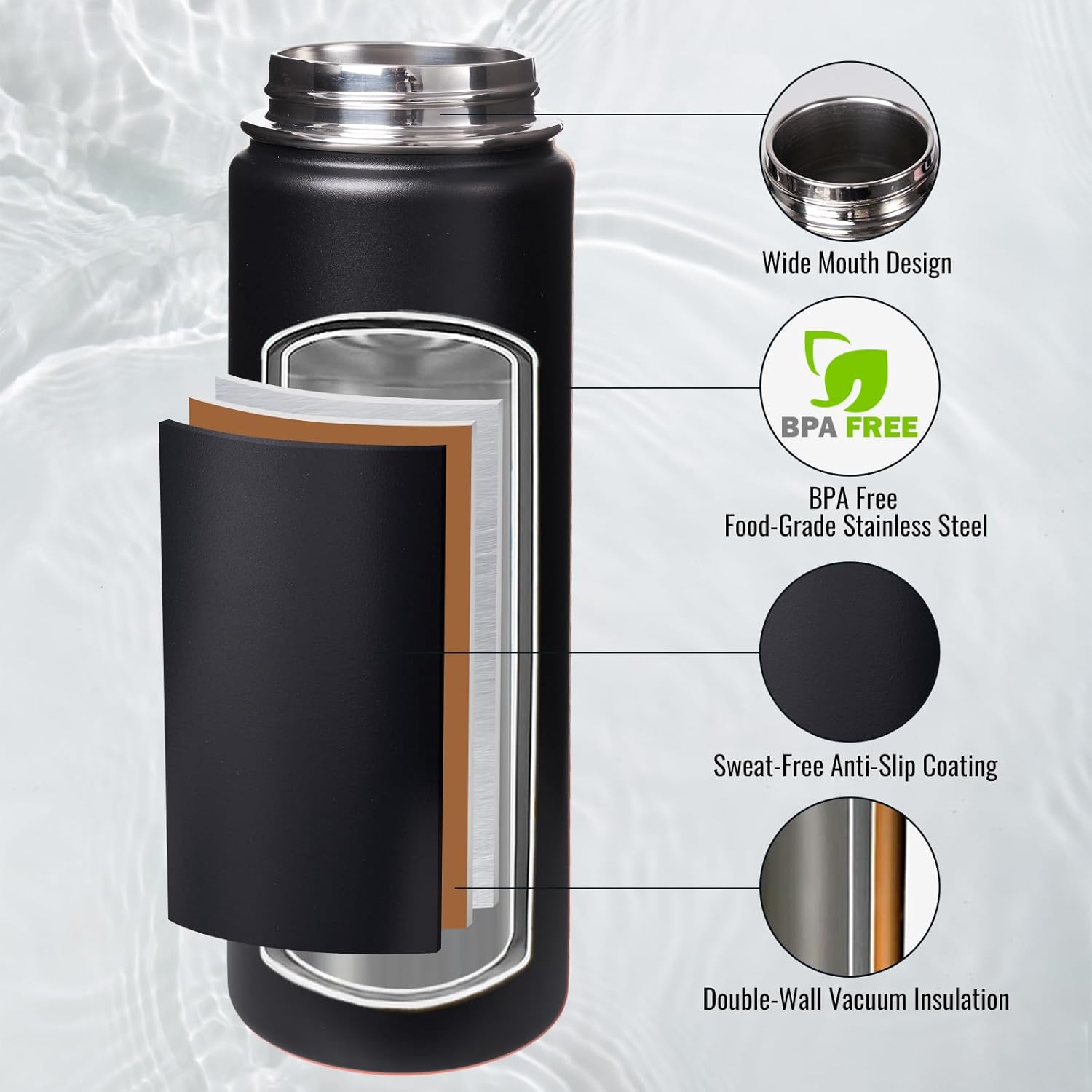 Fijinhom Insulated Water Bottle with Handle, 304 Stainless Steel Water Bottles with Wide Mouth, Double Wall Vacuum Sports Water Bottle, BPA Free, Keep Cold and Hot, 24 Ounces, Black - Image 3