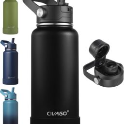 CIVAGO 32 oz Insulated Stainless Steel Water Bottle with Removable Straw | Large Leakproof Metal Water Jug, Sports Thermal Flask Cup with Bucket Handle, Silicone Boot, Dishwasher Safe, BPA-Free, Black