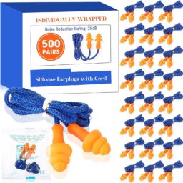 Relaxweex 500 Pairs Corded Ear Plugs Bulk 25dB NRR with String,Blue Orange | Reusable Silicone, Individually Wrapped, Noise Reduction for Sleeping Shooting Work, Soft for Hearing Protection