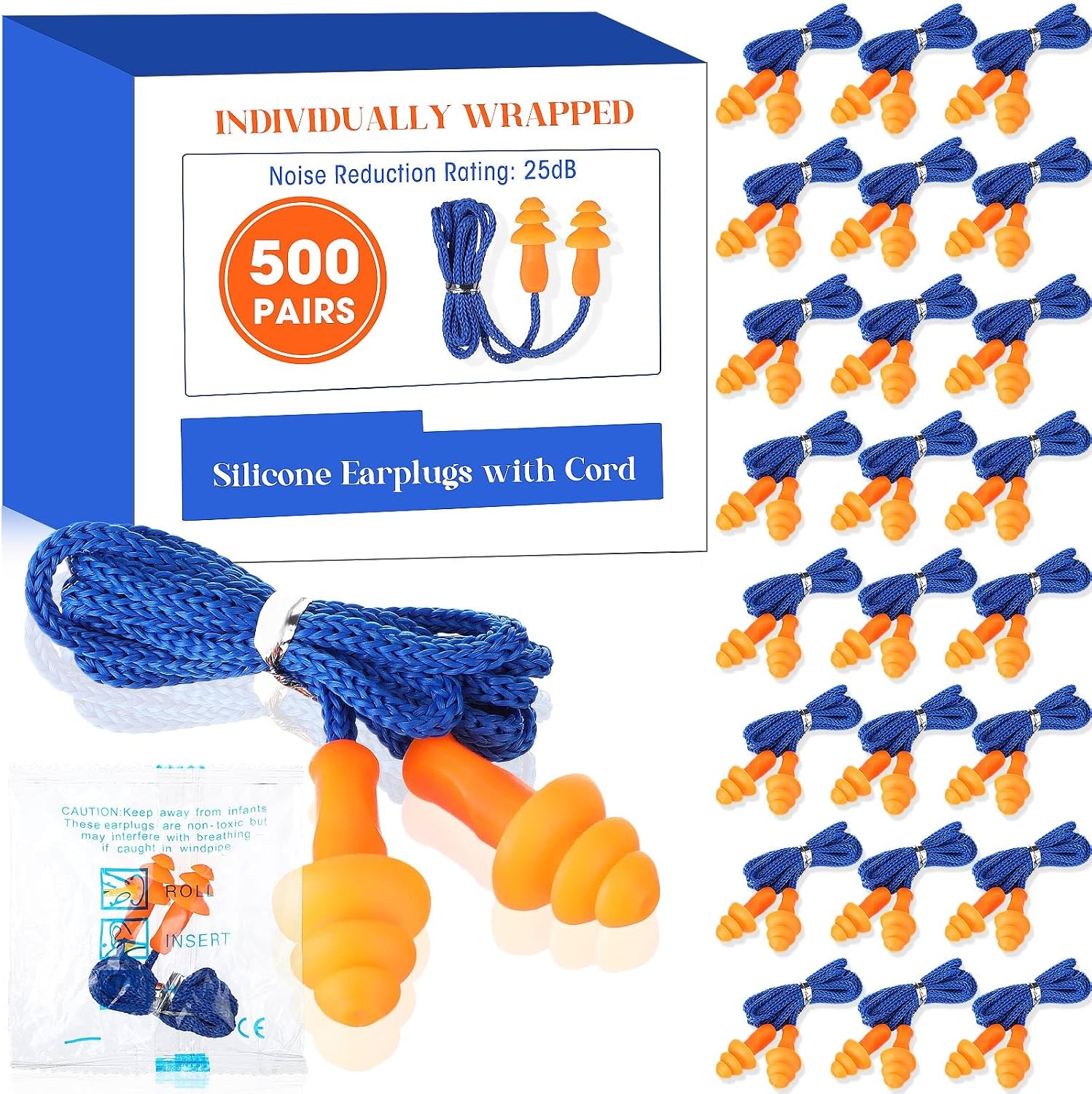 Relaxweex 500 Pairs Corded Ear Plugs Bulk 25dB NRR with String,Blue Orange | Reusable Silicone, Individually Wrapped, Noise Reduction for Sleeping Shooting Work, Soft for Hearing Protection