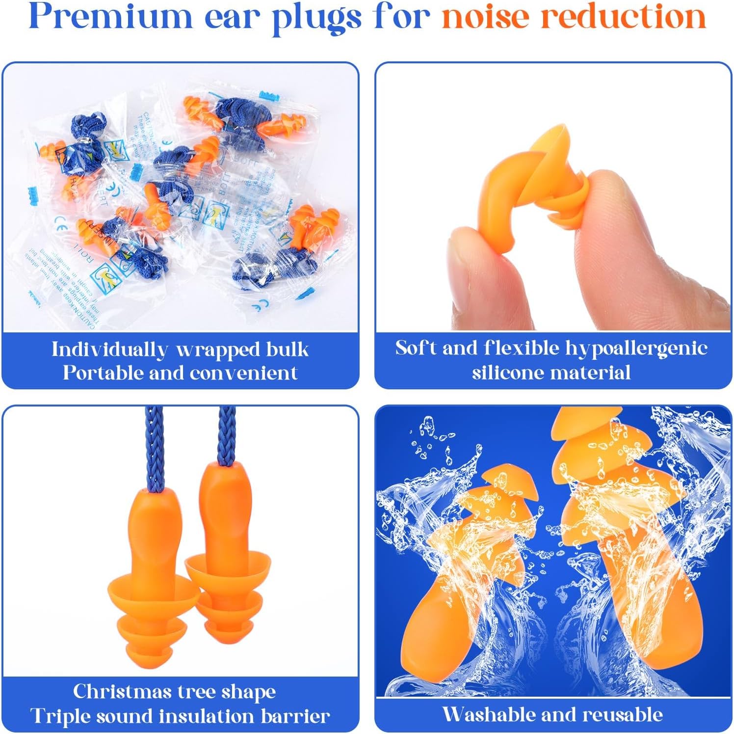 Relaxweex 500 Pairs Corded Ear Plugs Bulk 25dB NRR with String,Blue Orange | Reusable Silicone, Individually Wrapped, Noise Reduction for Sleeping Shooting Work, Soft for Hearing Protection - Image 3
