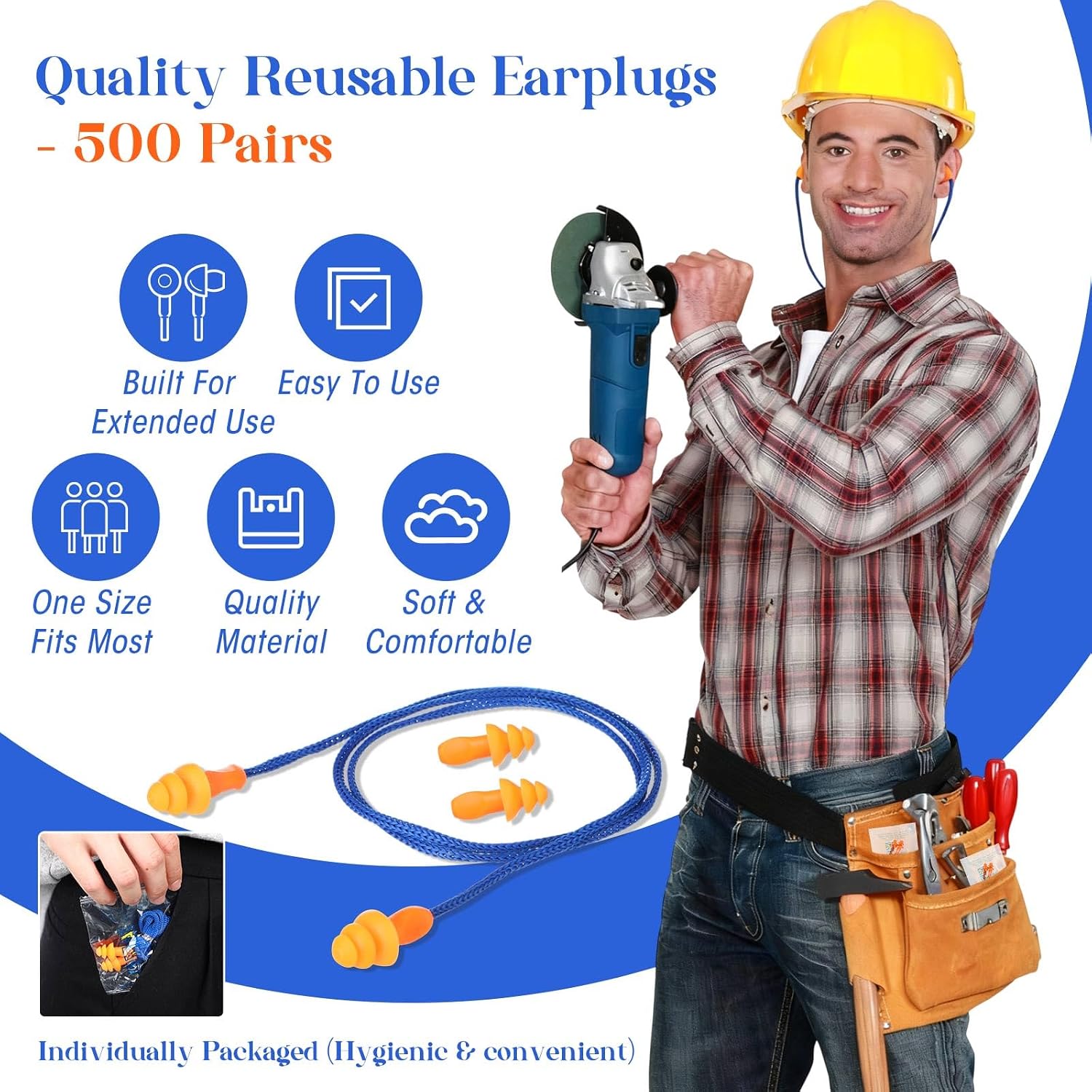 Relaxweex 500 Pairs Corded Ear Plugs Bulk 25dB NRR with String,Blue Orange | Reusable Silicone, Individually Wrapped, Noise Reduction for Sleeping Shooting Work, Soft for Hearing Protection - Image 4