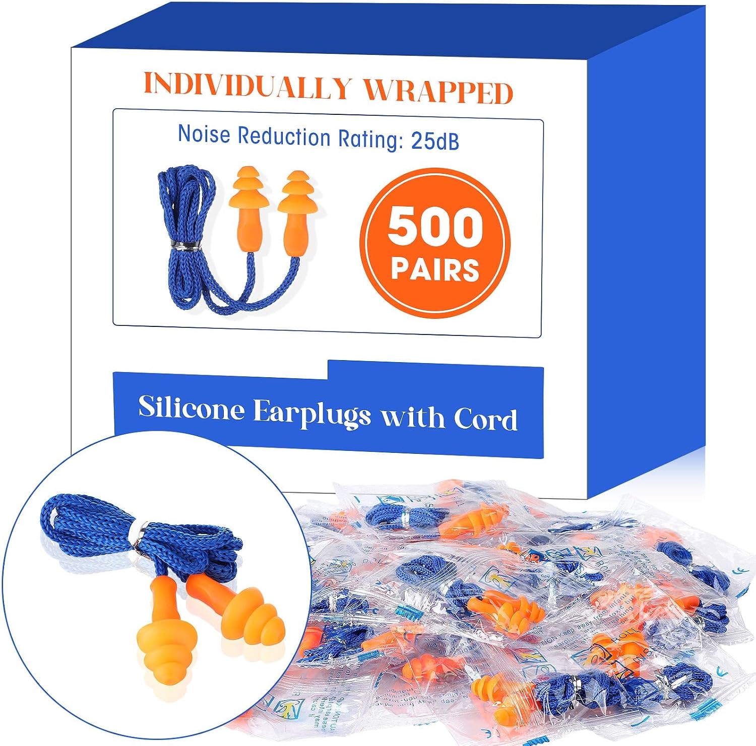 Relaxweex 500 Pairs Corded Ear Plugs Bulk 25dB NRR with String,Blue Orange | Reusable Silicone, Individually Wrapped, Noise Reduction for Sleeping Shooting Work, Soft for Hearing Protection - Image 8