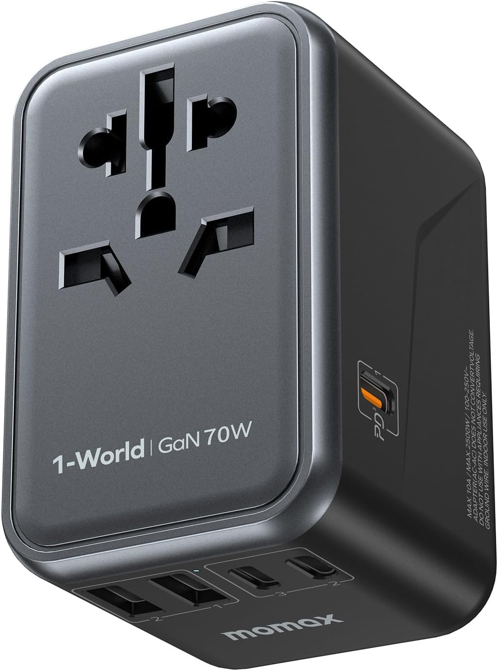 MOMAX 70W GaN Universal Travel Adapter, All-in-One Travel Charging | UK/EU/US/AU/JP Compatible Travel Essential, 3 USB-C PD Ports & 2 USB-A Ports for Laptop, Phone & More