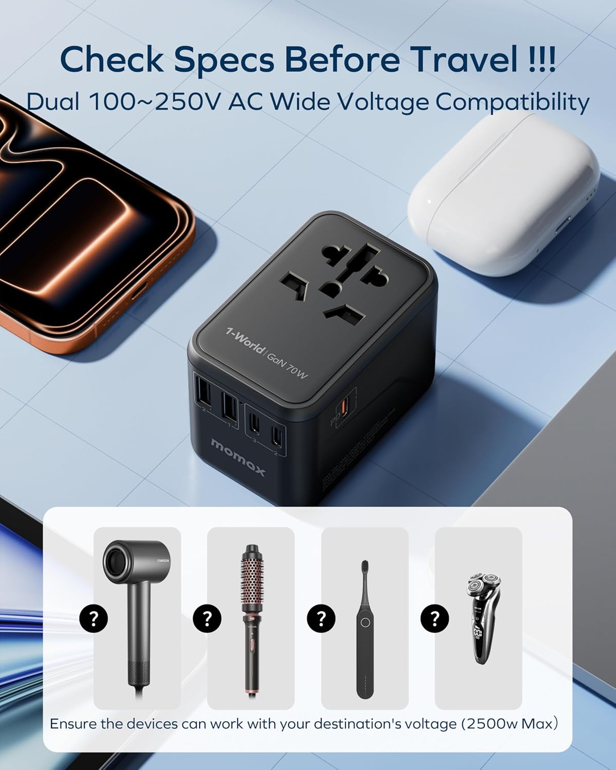 MOMAX 70W GaN Universal Travel Adapter, All-in-One Travel Charging | UK/EU/US/AU/JP Compatible Travel Essential, 3 USB-C PD Ports & 2 USB-A Ports for Laptop, Phone & More - Image 9